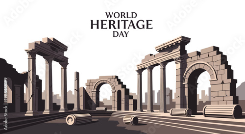 A sepia-toned vector illustration for World Heritage Day showcases architectural ruins reminiscent of ancient civilizations, set against a clean white background to emphasize cultural
