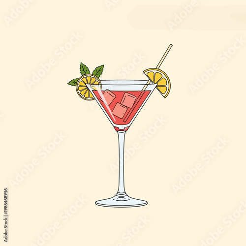 Minimalist vector illustration of a red cosmopolitan cocktail in a long-stemmed martini glass with ice cubes, garnished with fresh mint leaves and yellow lemon slices.