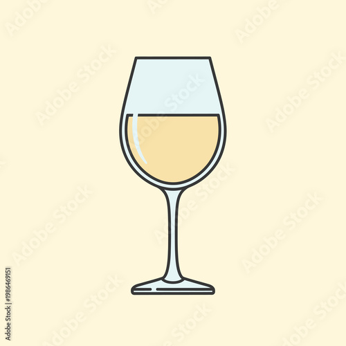 Flat vector illustration of a stemmed wine glass filled with pale yellow white wine, featuring clean black outlines and simple highlights, isolated on a solid cream background.