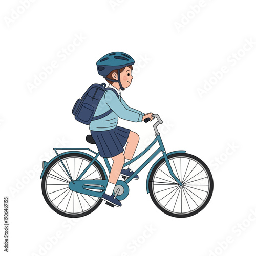 A vector illustration of a young schoolgirl wearing a blue uniform, backpack, and safety helmet while riding a blue bicycle to school, isolated on a white background.