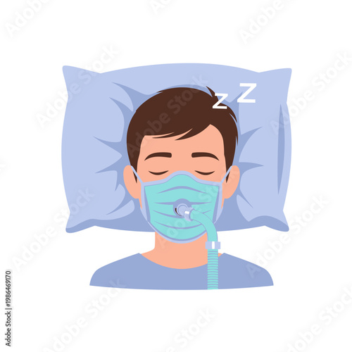 Vector illustration of a man sleeping on a blue pillow while wearing a CPAP mask for sleep apnea treatment, featuring a breathing tube and sleep symbols on a white background.