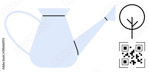 Gardening, sustainability, digital tools, environment, eco-friendly solutions, modern design. A watering can with a QR code and a tree symbol. Gardening and sustainability