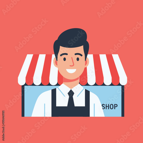 Vector illustration of a smiling male shop owner in a white shirt and black apron in front of a store with a red and white striped awning on a solid coral background.