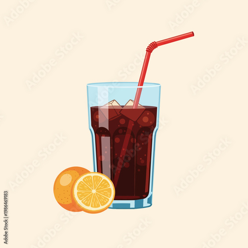 Vector illustration of a glass filled with dark carbonated soda and ice cubes, featuring a red flexible straw and accompanied by a whole orange and a sliced orange half.