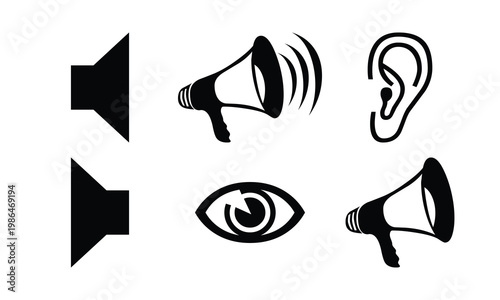 Black sound and communication icon set with speaker, megaphone, ear, and eye vector illustration