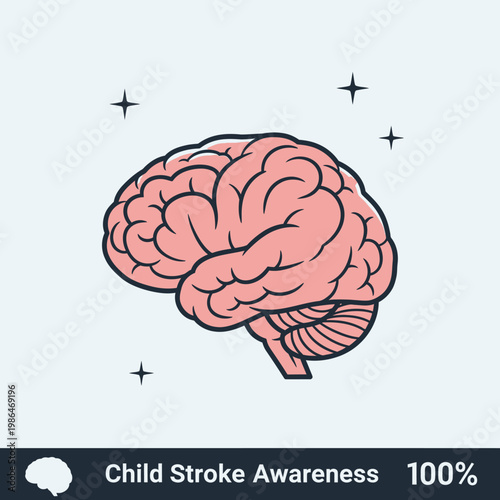 Vector illustration of a human brain profile with pink lobes and cerebellum, featured on a light background with decorative star icons for child stroke awareness medical education.