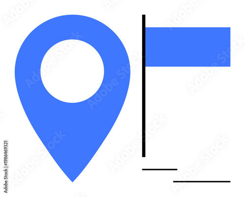 Navigation, destination marking, location services, geography, travel planning, map tools. Blue location pin beside a flag symbol. Navigation and destination marking concept