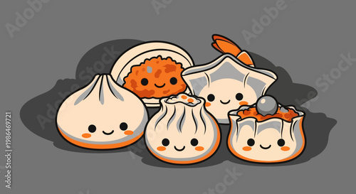 Cute Chibi Dim Sum Character Collection, Adorable Asian Food Vector Illustration with Kawaii Faces for Sticker Design and Culinary Branding.