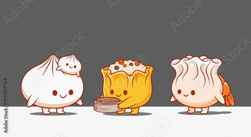 Cute Dim Sum Mascot Characters Set, Kawaii Illustration of Baozi, Shumai, and Dumpling, Chinese Food Vector Icons for Restaurant Design.