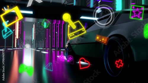 Gaming icons appearing ahead and causing retro car moving along wet neon road, highlighting wheel