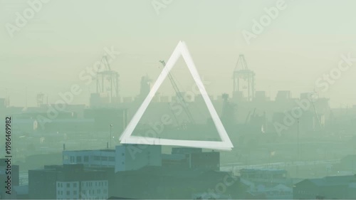 On play, sketch triangle rotating, collapsing into star layers, highlighting industrial harbor