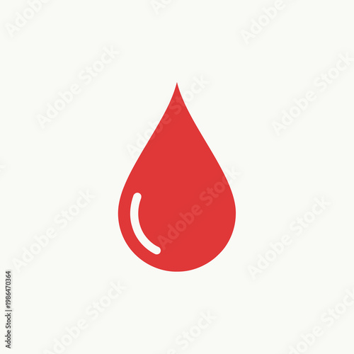 Minimalist red blood drop icon featuring a white light reflection detail, centered on a clean light grey background, suitable for medical, donor, and healthcare design concepts.