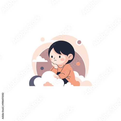 Flat vector illustration of a pensive child sitting with hand on chin among stylized clouds and shapes, depicting childhood depression, loneliness, and mental health awareness.