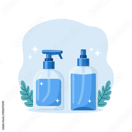 Vector illustration featuring two blue dispenser bottles for hand sanitizer or liquid soap, one with a pump and one spray nozzle, decorated with sparkles and green leaves.