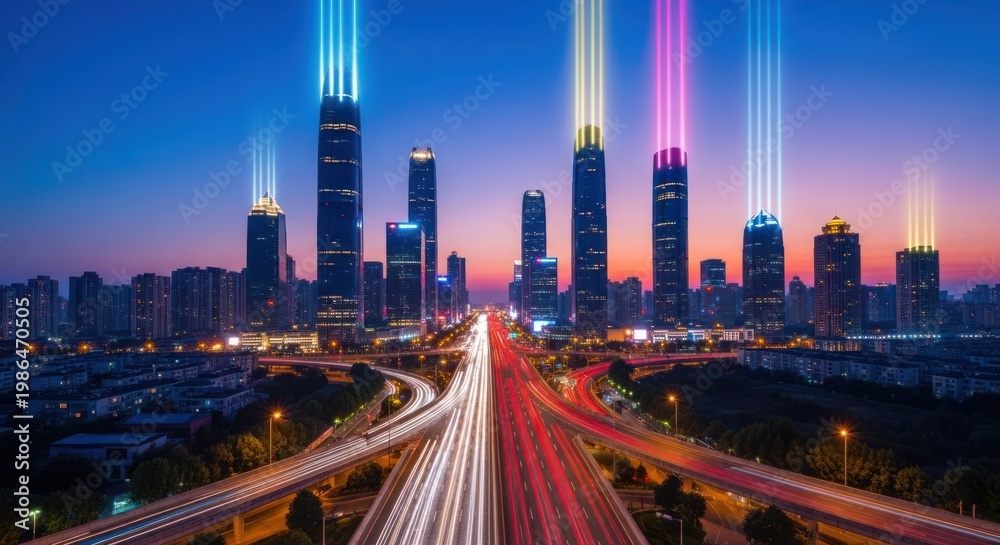 Fototapeta premium Futuristic Smart City Skyline with Light Beams at Night