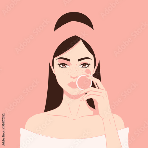Flat vector illustration of a young woman with freckles and pink headband using a tool to examine a mole on her cheek for melanoma skin cancer awareness on a pink background.