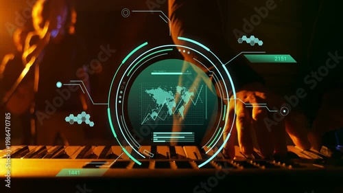 Keyboardist starting music pressing keys, HUD over keys showing rising graphs as vocalist gesturing
