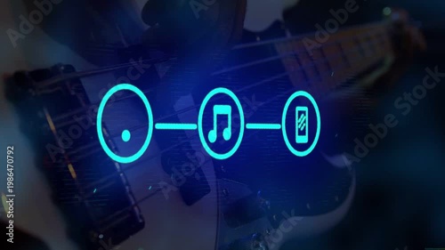 Cyan icon appearing, plucking guitar causing icons pulsing and morphing in studio, signaling stream