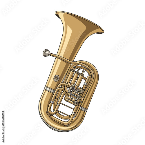 Golden brass tuba musical instrument illustration with mouthpiece and four piston valves, isolated on white background. Vector style drawing of a professional orchestral brass wind instrument.