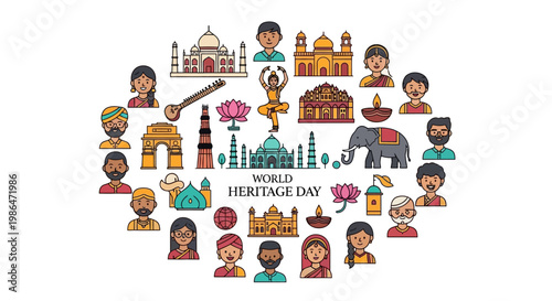 Against a white background, a vector illustration showcases Indian monuments and cultural figures, promoting World Heritage Day with icons like the Taj Mahal, set in a bright, colorful