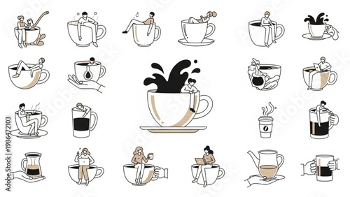 Whimsical vector illustrations depicting miniature people engaging with giant coffee cups and beverages, symbolizing daily rituals, comfort, productivity, and the delightful energy of coffee culture