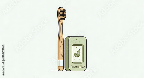 Eco friendly toothbrush and organic soap on a clean surface