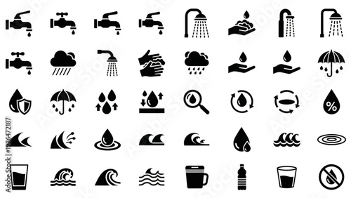 water icons representing various aspects of water usage and conservation like taps, showers, rain, and drops for design concepts
