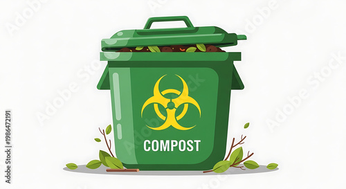 Green compost bin with biohazard symbol on white background