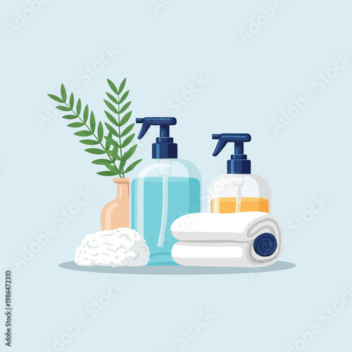 Flat vector illustration of cleaning and hygiene products featuring two spray bottles with blue and yellow liquids, folded white towels, a textured sponge, and green plant sprigs.