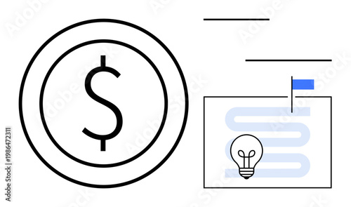 Financial strategy. Minimalist design a dollar symbol, idea light bulb, and a planning graphic. Financial solutions, strategies, and decision-making processes. For business, finance innovation