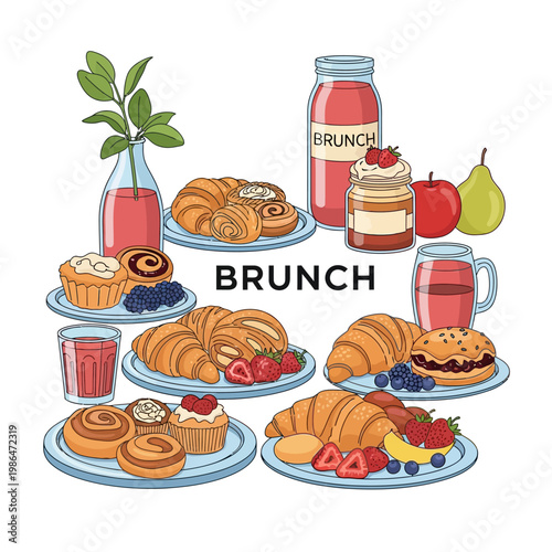 Illustrated vector assortment of brunch food items featuring croissants, pastries, muffins, fresh strawberries, juice bottles, and fruit plates arranged around the text word brunch.