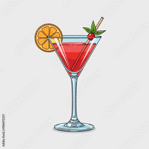 Vector illustration of a red cosmopolitan cocktail in a long-stemmed martini glass garnished with an orange slice wheel, a red berry, and green leaves isolated on a light background