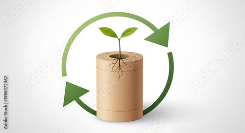 Eco friendly recycling symbol with a plant growing from cardboard