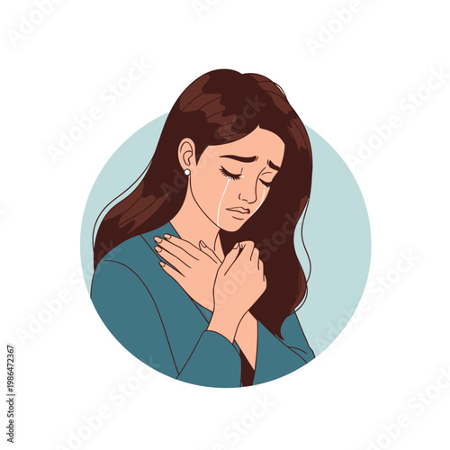 Vector illustration of a grieving woman with long brown hair, crying tears while holding hands to her chest in an emotional gesture of sorrow against a light blue circular background.