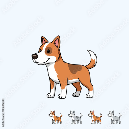 Cartoon vector illustration of a friendly brown and white dog with pointy ears, standing in a profile view on a white background, featuring a happy expression and simple black outlines.
