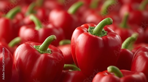 Fresh red bell peppers with green stems arranged together in a pile