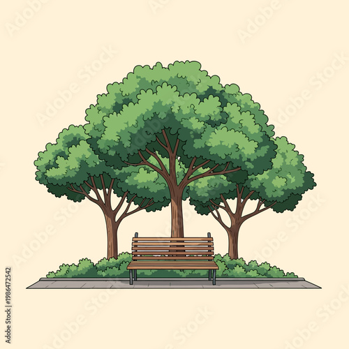 Vector illustration of a wooden park bench sitting on a paved walkway in front of three lush green trees and low bushes, isolated on a light background for landscape design.