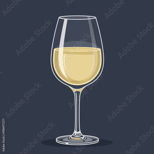 Digital vector illustration of a stemmed glass of white wine containing pale yellow liquid, featuring white highlights and subtle shading, set against a dark grey background.