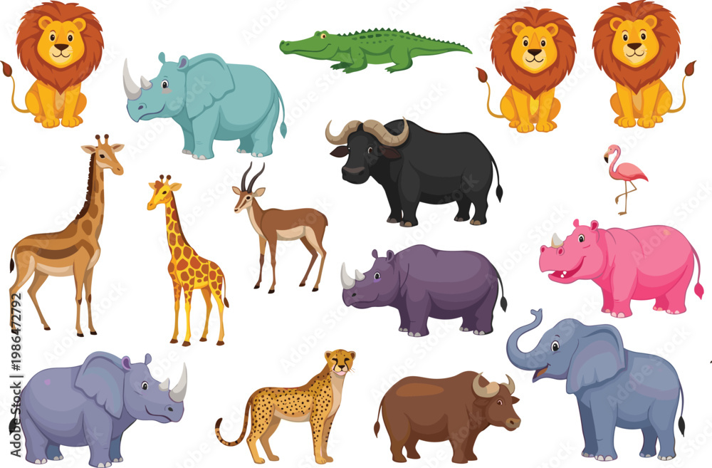 Fototapeta premium African safari animals collection including lion, elephant, giraffe, zebra, rhino and buffalo cartoon vector illustration set