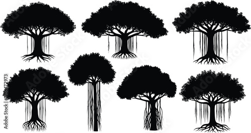 Set of banyan tree silhouettes with aerial roots