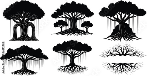 Diverse fantasy tree and root silhouettes collection with no people