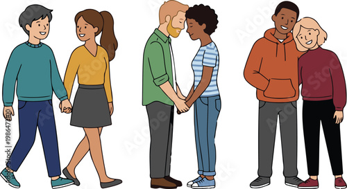 Collection of diverse couples showing love and connection through walking, holding hands, and warm embraces, illustrated in a simple flat cartoon style.