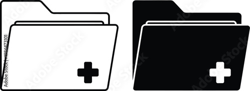 Medical file folders black and white icons representing health records
