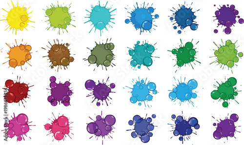 Colorful paint splatter collection set with various ink blots and splash shapes isolated vector illustration for creative design
