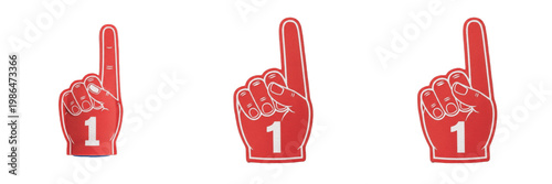 Set of Red Foam Finger Number One Hands Isolated on White Background - Realistic 3D Render of Sports Fan Accessories for Championship, Victory, Team Support, and Stadium Events