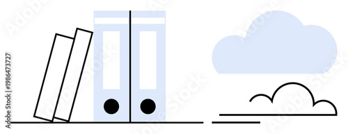 Cloud computing, data organization, file storage, document management, digital transformation, technology. Two document binders next to a simple cloud icon. Cloud computing and data organization