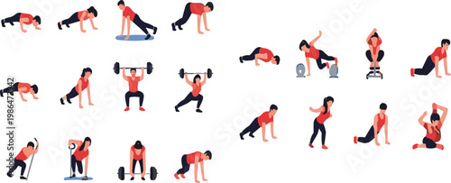 Flat vector set of people doing fitness exercises gym workout training collection healthy lifestyle sport activities isolated on white background