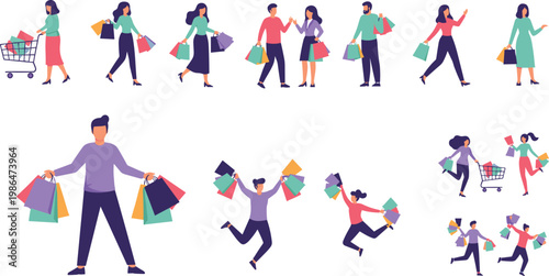 Flat vector set of people shopping with colorful bags modern lifestyle retail sale concept isolated on white background