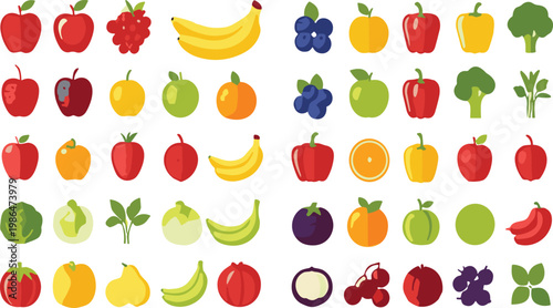 Fresh fruits and vegetables icons set with apples, bananas, berries and greens, colorful healthy food illustration collection for nutrition design