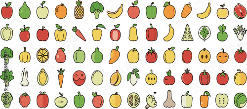 Hand drawn fruits and vegetables icons set with colorful fresh produce, cute doodle food illustration collection for healthy nutrition design